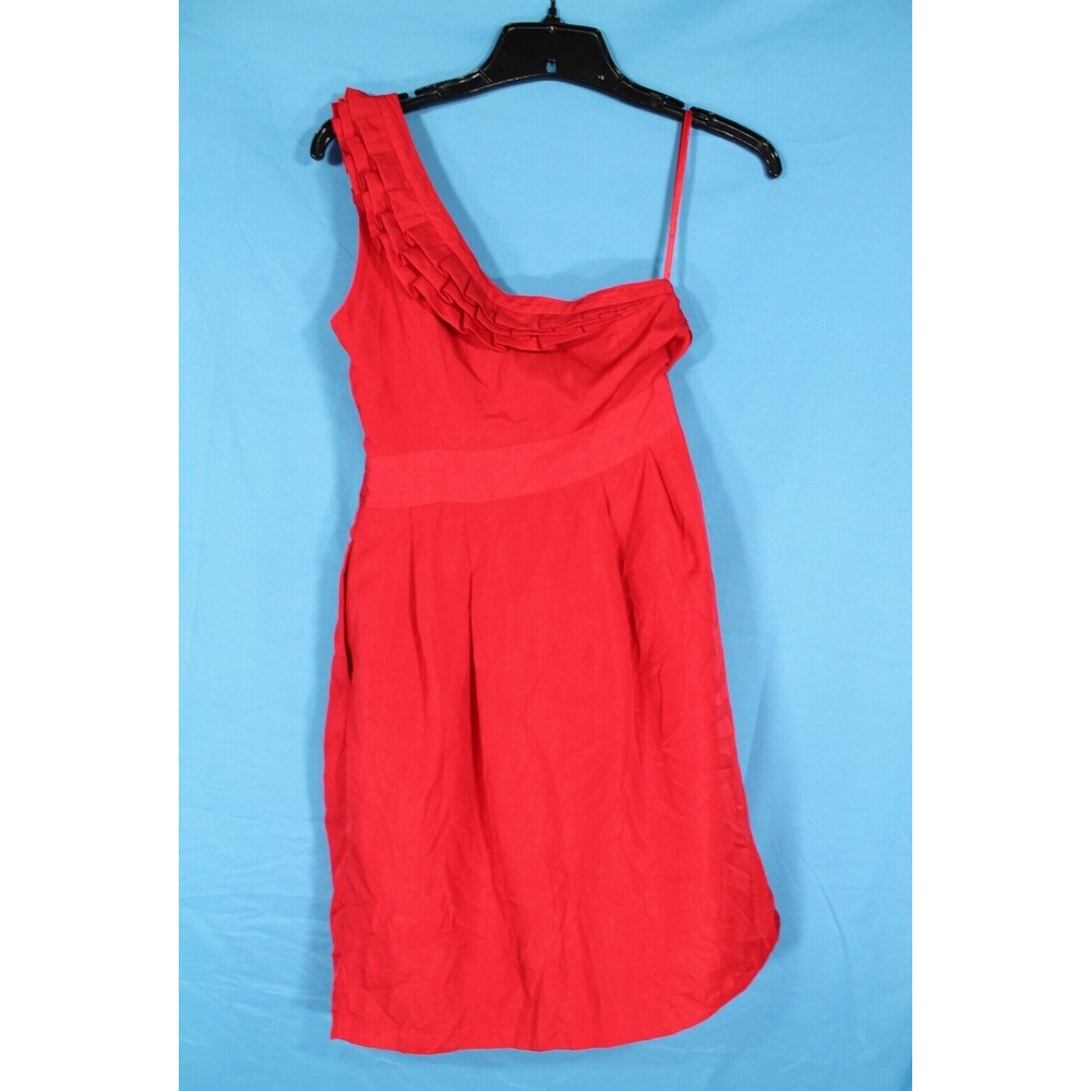 THE LIMITED Lined SATIN Red RUFFLE ONE-SHOULDER Pockets PLEATED Sheath Dress S - Picture 6 of 7